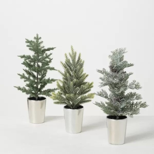 Trees & Topiaries-Kirkland's Home Evergreen Trees In Metallic Planters, Set Of 3 Green/Silver