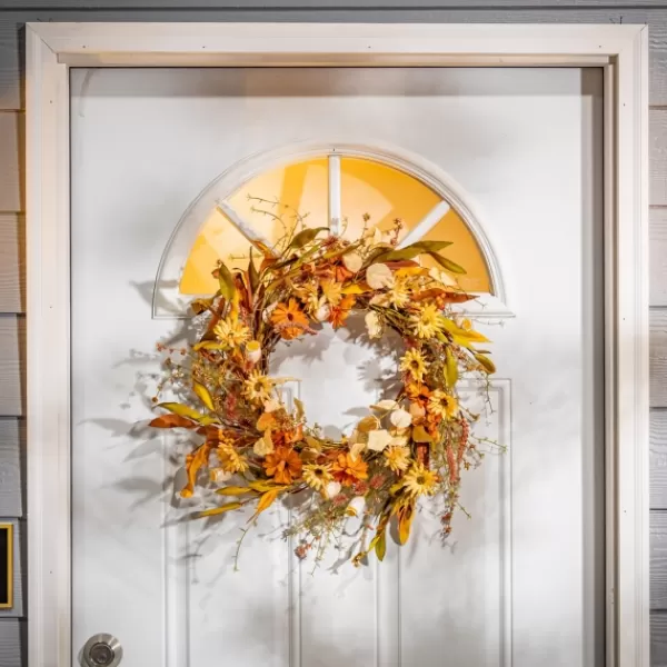 Wreaths-Kirkland's Home Fall Flowers And Foliage Spiral Wreath, 22 In. Orange/Yellow/Green