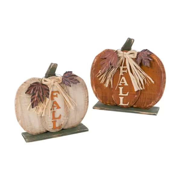 Statues & Figurines-Kirkland's Home Fall Wooden Pumpkins, Set Of 2 Orange/Ivory