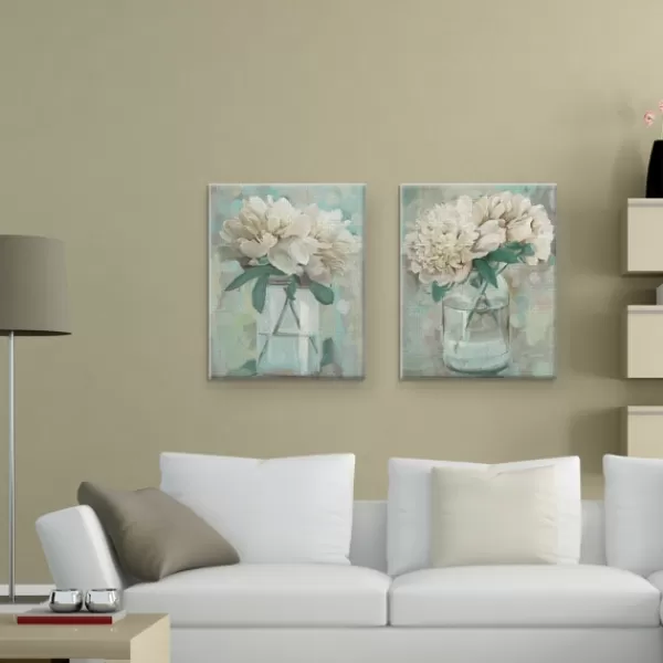 Canvas Art-Kirkland's Home Farmhouse Peonies Canvas Art Prints, Set Of 2 White/Blue/Green/Gray