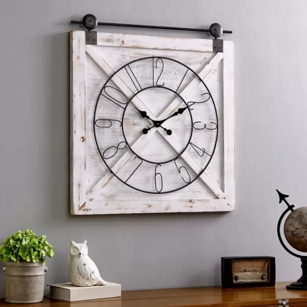 Clocks-Kirkland's Home Farmstead Wooden Barn Door Clock White