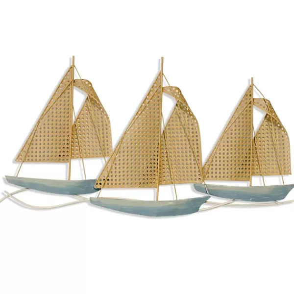 Wall Plaques-Kirkland's Home Faux Cane And Metal Sails Triptych Wall Plaque Blue/Tan