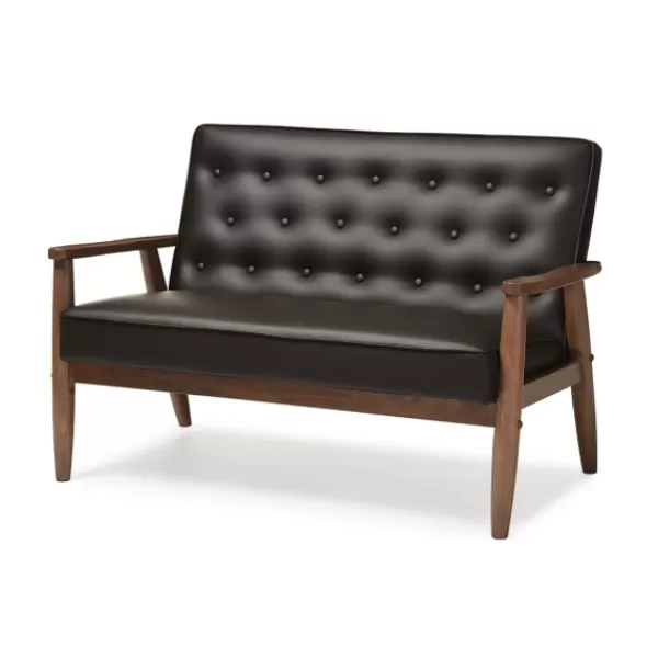 Sofas & Loveseats-Kirkland's Home Faux Leather And Rubberwood Loveseat, 49 In. Brown