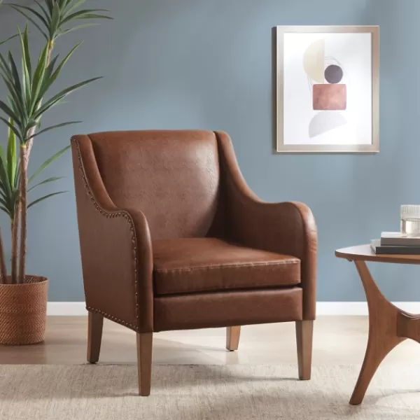 Accent Chairs-Kirkland's Home Faux Leather Sloped Arm Accent Chair Brown