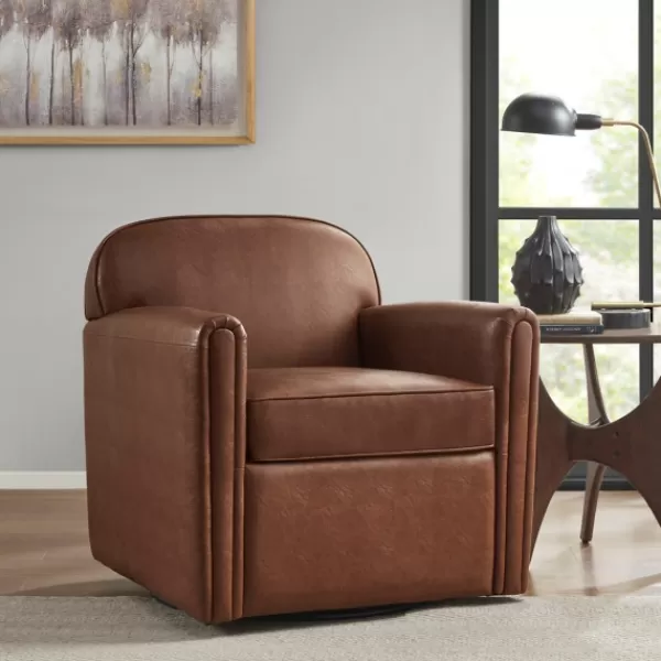 Accent Chairs-Kirkland's Home Faux Leather Swivel Club Chair Brown