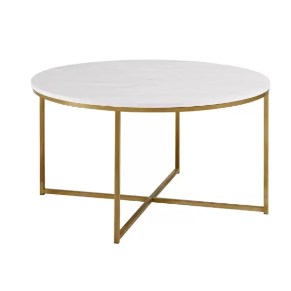 Coffee Tables-Kirkland's Home Faux Marble & Gold X-Base Coffee Table White