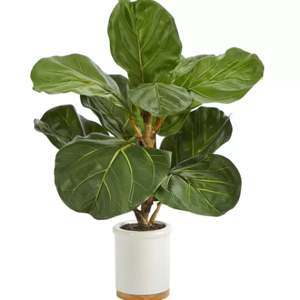 Trees & Topiaries-Kirkland's Home Fiddle Leaf Fig In White Ceramic Planter, 21 In.