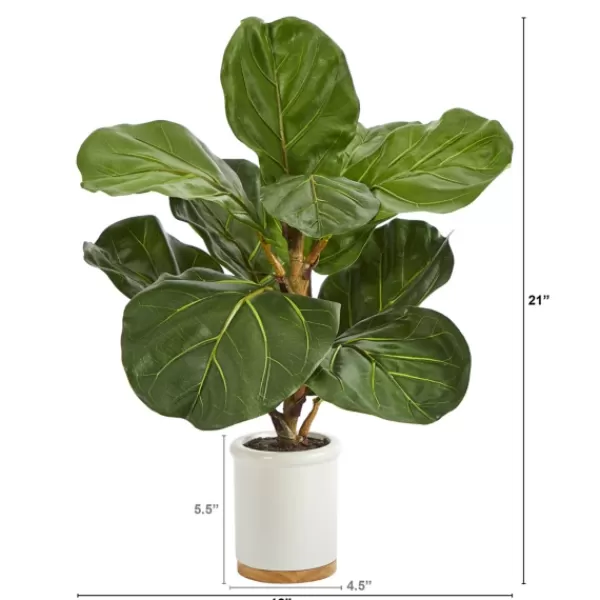 Trees & Topiaries-Kirkland's Home Fiddle Leaf Fig In White Ceramic Planter, 21 In.