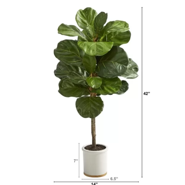 Trees & Topiaries-Kirkland's Home Fiddle Leaf Fig In White Ceramic Planter, 42 In.