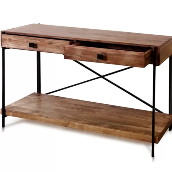 Console Tables-Kirkland's Home Fir Wood And Steel Cross Frame Console Table Gray