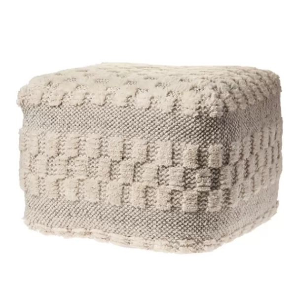 Pillows-Kirkland's Home Flatweave Tufted Checker Wool Pouf Ivory/Gray