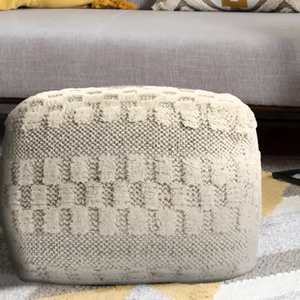 Pillows-Kirkland's Home Flatweave Tufted Checker Wool Pouf Ivory/Gray