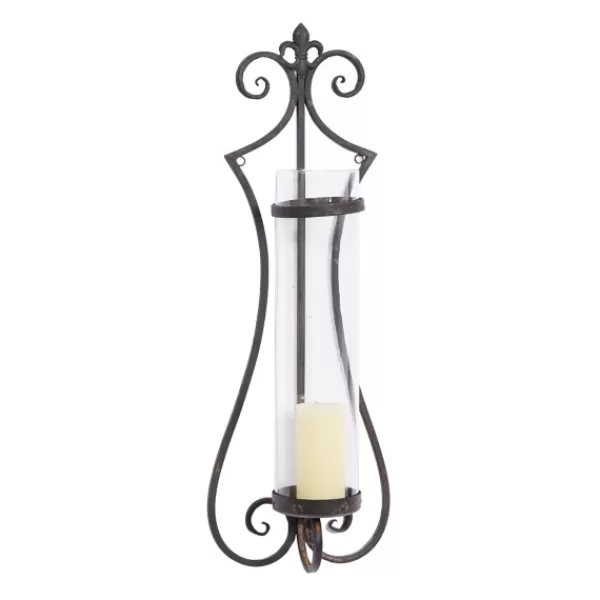 Sconces-Kirkland's Home Fleur Distressed Black Iron Sconce, 31 In.