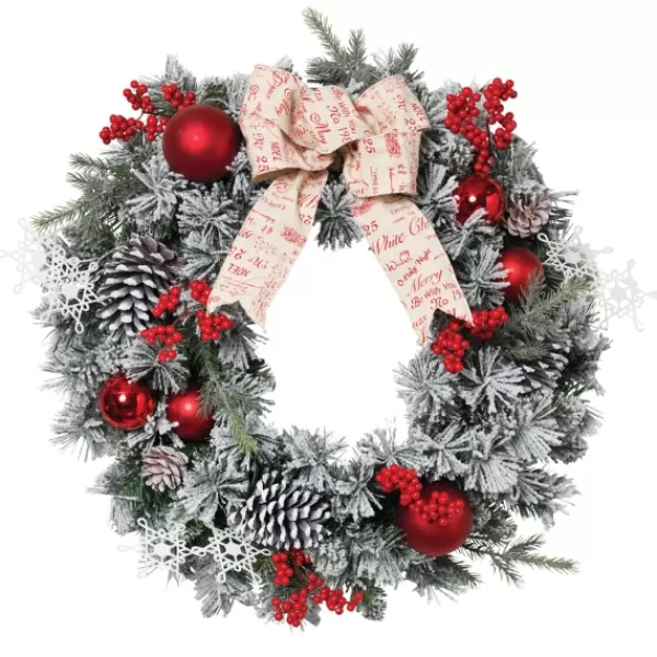 Wreaths-Kirkland's Home Flocked Pine Wreath With Berries And Ornaments Red/Green