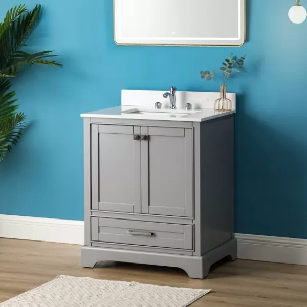 Bathroom Furniture-Kirkland's Home Florence Wood Backsplash Sink Vanity Gray