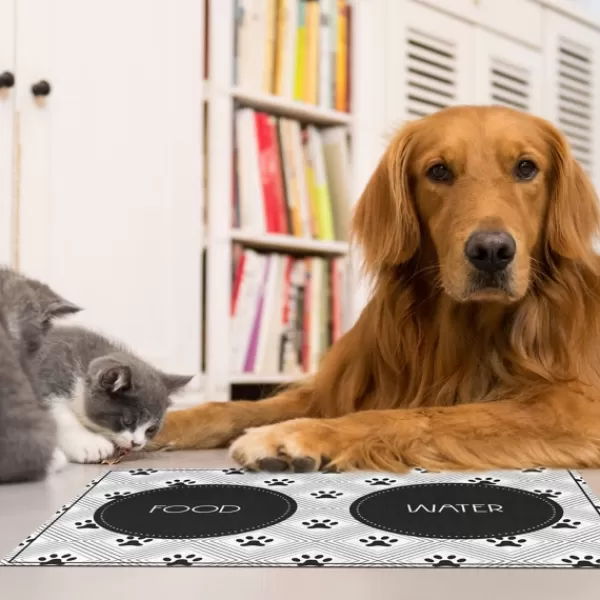 Kitchen & Floor Mats-Kirkland's Home Food And Water Bowl Floor Mat, 15X23 Black/White