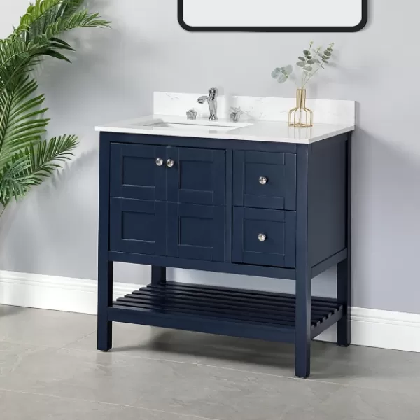 Bathroom Furniture-Kirkland's Home Foster Navy Wood Backsplash Sink Vanity Blue