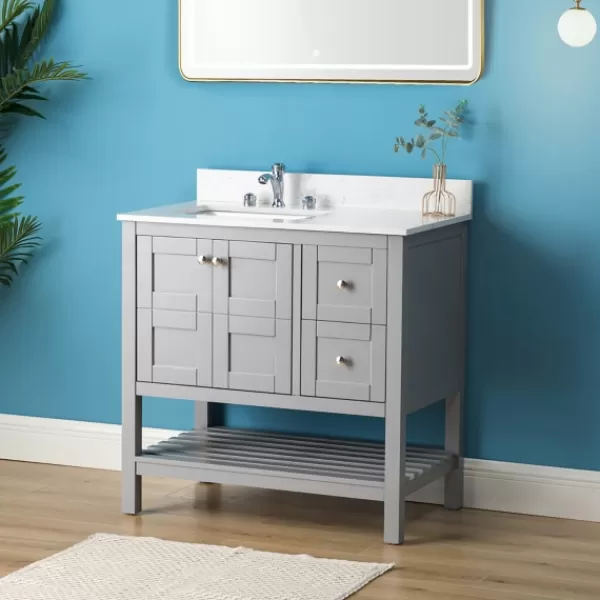 Bathroom Furniture-Kirkland's Home Foster Wood Backsplash Sink Vanity Gray