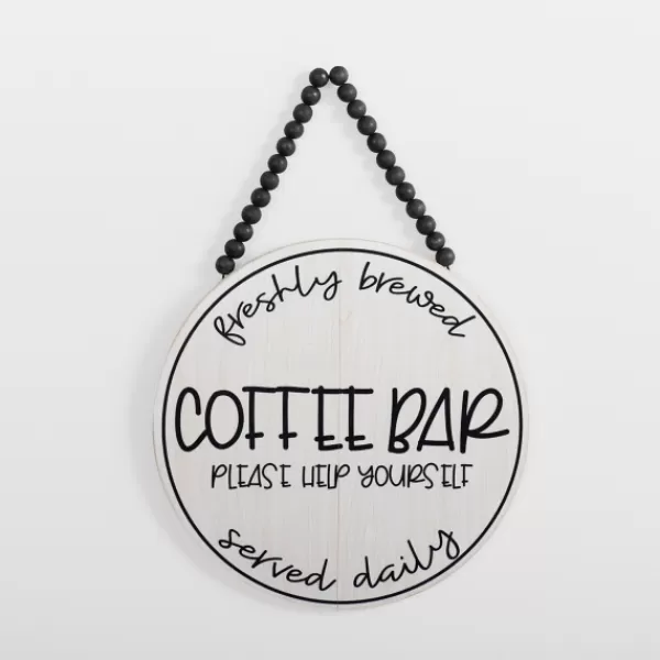 Wall Quotes & Signs-Kirkland's Home Freshly Brewed Coffee Round Beaded Wall Plaque White/Black