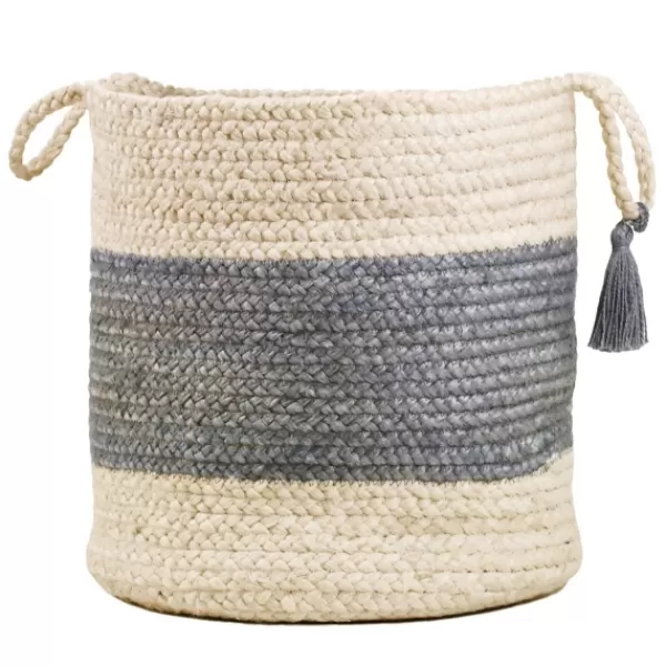 Baskets & Boxes-Kirkland's Home Frost Gray Bold Striped Jute Basket, 17 In. Gray/Ivory