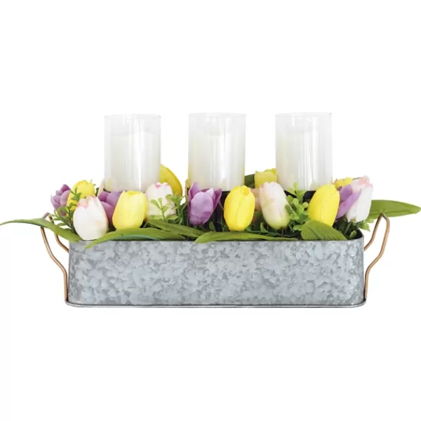 Arrangements & Greenery-Kirkland's Home Galvanized Spring Tulips Led Candle Centerpiece Pink/Green/Purple/Yellow/Silver