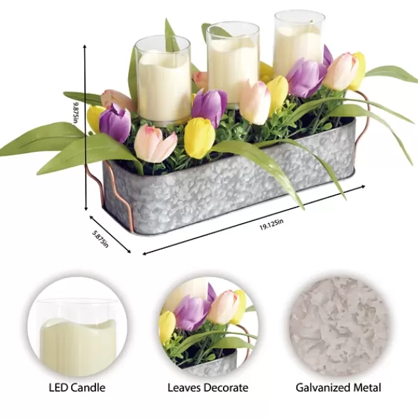 Arrangements & Greenery-Kirkland's Home Galvanized Spring Tulips Led Candle Centerpiece Pink/Green/Purple/Yellow/Silver