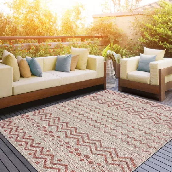 Outdoor Rugs-Kirkland's Home Geometric Stripe Sun Shower Outdoor Area Rug, 5X8 Red/Ivory