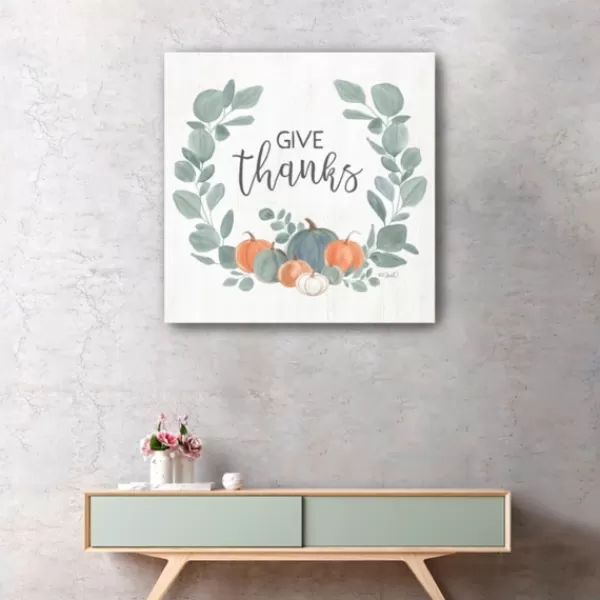 Wall Quotes & Signs-Kirkland's Home Give Thanks Eucalyptus Pumpkin Giclee Canvas Print Ivory/Green/Multi