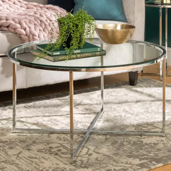 Coffee Tables-Kirkland's Home Glass & Chrome X-Base Coffee Table Clear