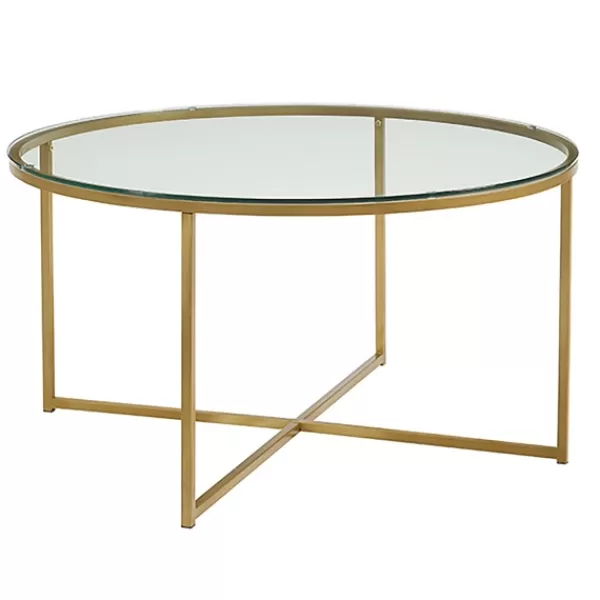 Coffee Tables-Kirkland's Home Glass & Gold X-Base Coffee Table Clear