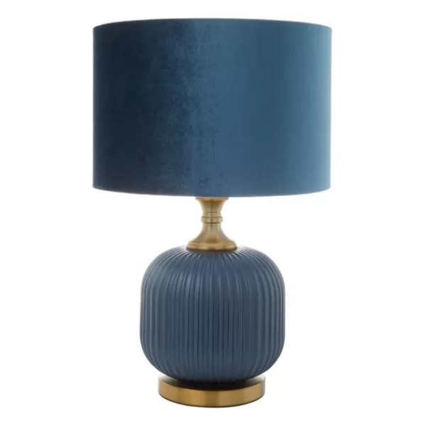 Table Lamps-Kirkland's Home Glass Base Round Velvet Shade Table Lamp Blue