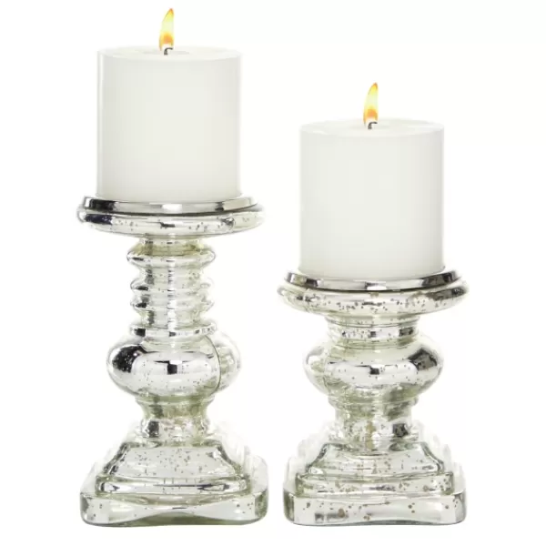 Candle Holders-Kirkland's Home Glass Ornate 2-Pc. Pillar Candle Holder Set Silver