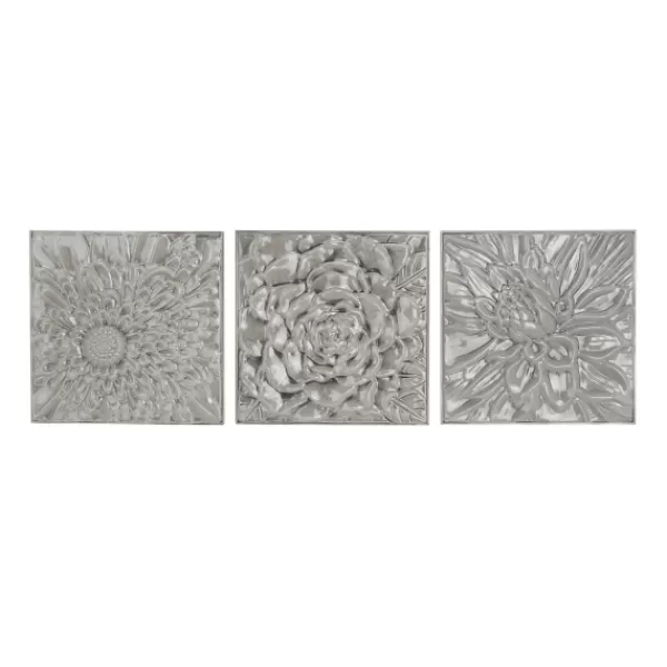 Wall Plaques-Kirkland's Home Glazed Iron Carved Floral Plaques, Set Of 3 Gray