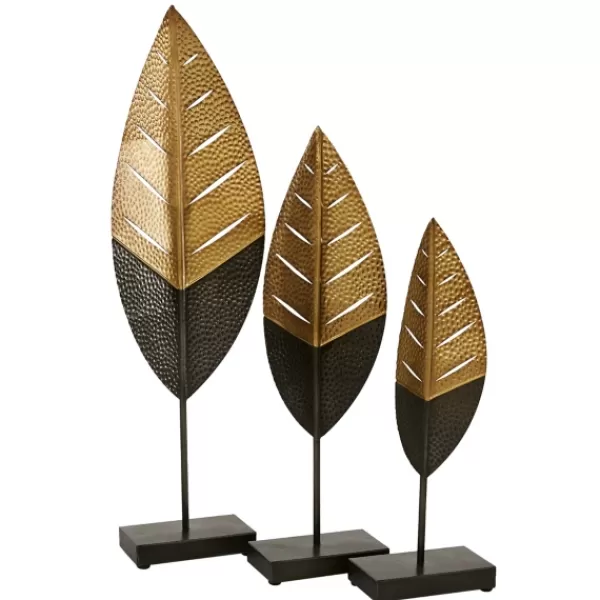 Statues & Figurines-Kirkland's Home Gold And Black Metal Leaf Statues, Set Of 3 Black/Gold