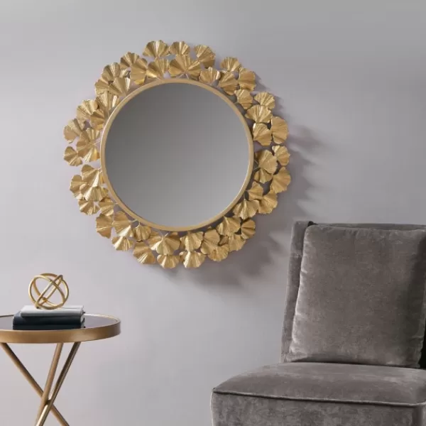 Decorative Mirrors-Kirkland's Home Gold Foil Leaf Framed Round Wall Mirror