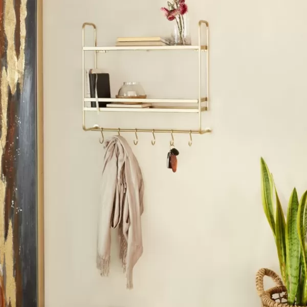 Wall Storage-Kirkland's Home Gold Iron Frame Wall Shelf With Hooks