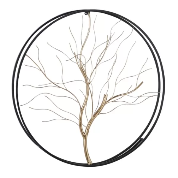 Wall Plaques-Kirkland's Home Gold Iron Leaf-Less Tree Round Frame Wall Plaque Black