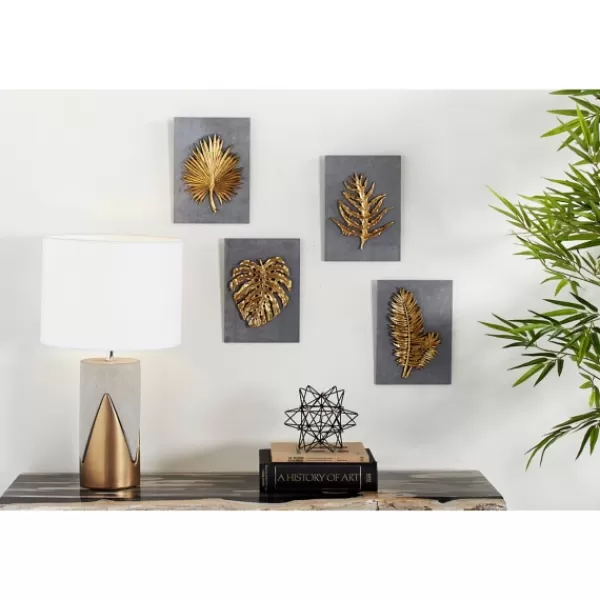 Wall Plaques-Kirkland's Home Gold Leaves Cement Wall Plaques, Set Of 4 Gold/Gray