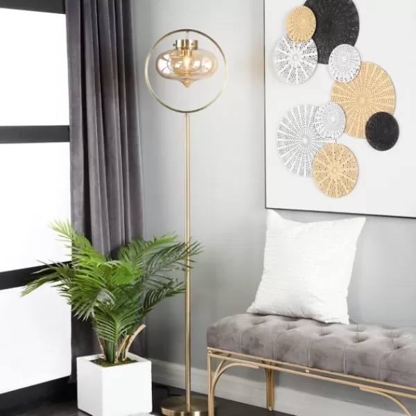 Floor Lamps-Kirkland's Home Gold Metal C-Curve Arch Arm Glass Shade Floor Lamp