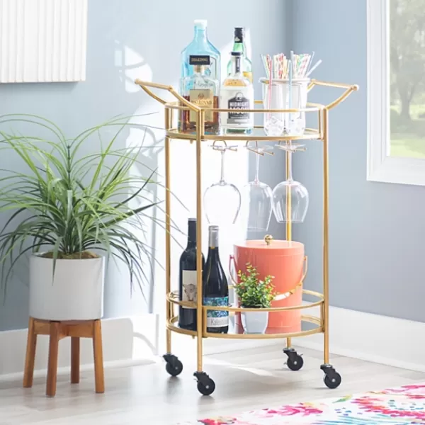 Kitchen Islands & Bar Carts-Kirkland's Home Gold Metal Frame Bar Cart With Mirrored Shelves