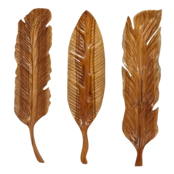 Wall Plaques-Kirkland's Home Gold Teak Carved Feather Wall Plaques, Set Of 3 Brown