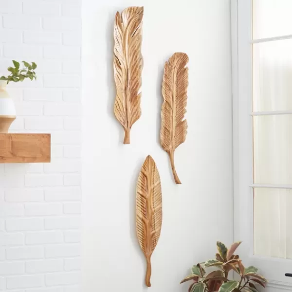 Wall Plaques-Kirkland's Home Gold Teak Carved Feather Wall Plaques, Set Of 3 Brown