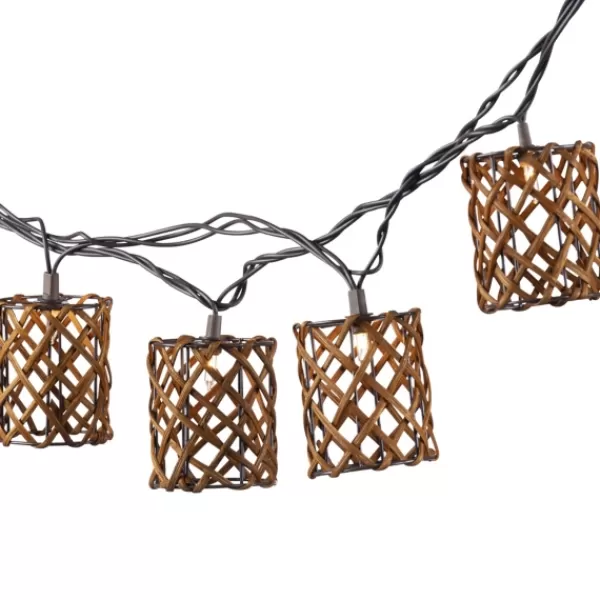 Outdoor Lighting-Kirkland's Home Golden Brown Rattan Weave Outdoor String Lights Brown/Black