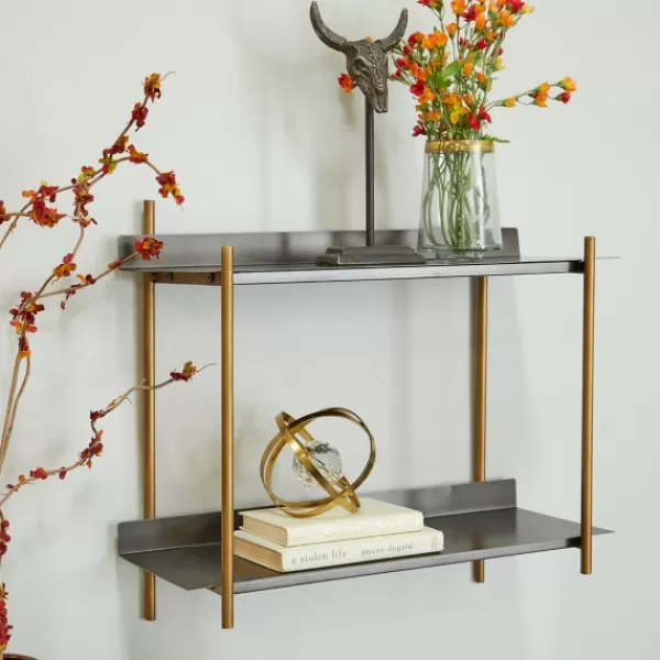 Shelves-Kirkland's Home Gray And Brass Metal Wall Shelf