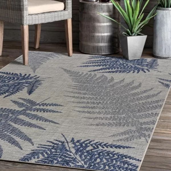 Outdoor Rugs-Kirkland's Home Gray And Navy Falling Ferns Outdoor Area Rug, 5X7 Gray/Blue