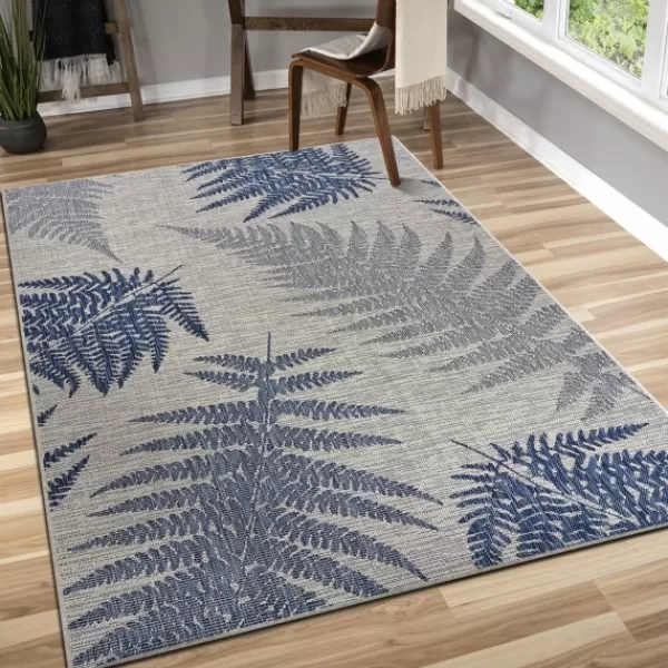 Outdoor Rugs-Kirkland's Home Gray And Navy Falling Ferns Outdoor Area Rug, 5X7 Gray/Blue