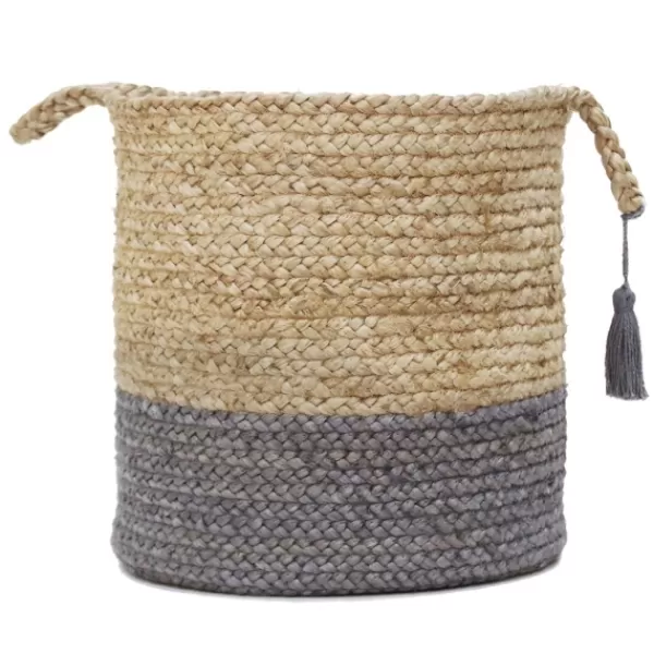Baskets & Boxes-Kirkland's Home Gray And Tan Woven Jute Basket With Tassel, 19 In. Tan/Gray