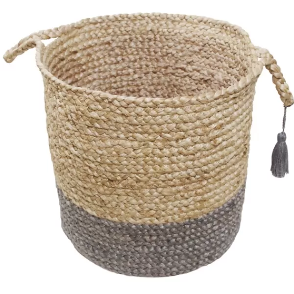 Baskets & Boxes-Kirkland's Home Gray And Tan Woven Jute Basket With Tassel, 19 In. Tan/Gray
