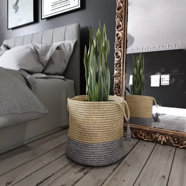 Baskets & Boxes-Kirkland's Home Gray And Tan Woven Jute Basket With Tassel, 19 In. Tan/Gray