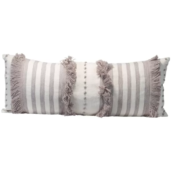 Pillows-Kirkland's Home Gray And White Striped Fringe Lumbar Pillow Gray/White